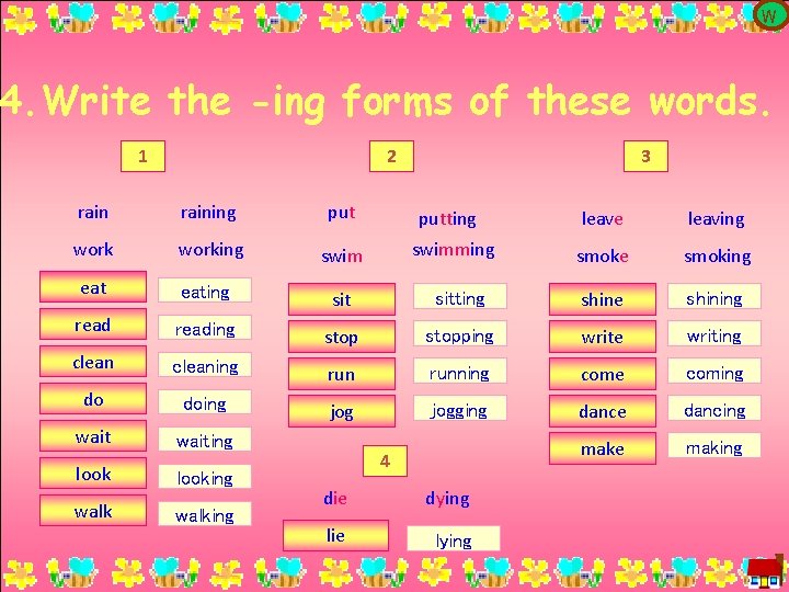 W 4. Write the -ing forms of these words. 1 2 raining put working