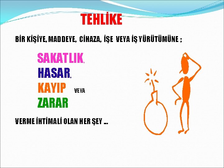 TEHLİKE BİR KİŞİYE, MADDEYE, CİHAZA, İŞE VEYA İŞ YÜRÜTÜMÜNE ; SAKATLIK, HASAR, KAYIP VEYA