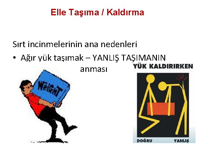 Elle Taşıma / Kaldırma Sırt incinmelerinin ana nedenleri • Ağır yük taşımak – YANLIŞ