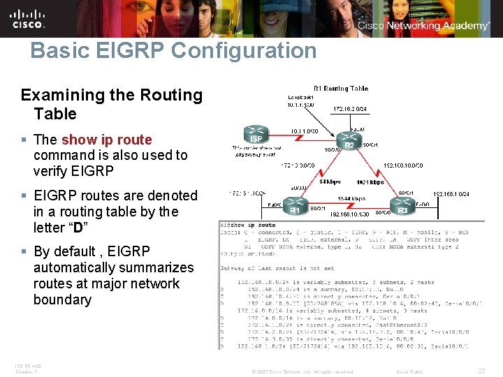 Basic EIGRP Configuration Examining the Routing Table § The show ip route command is