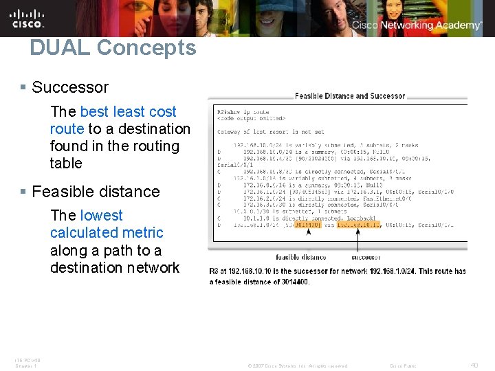 DUAL Concepts § Successor The best least cost route to a destination found in