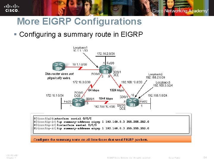 More EIGRP Configurations § Configuring a summary route in EIGRP ITE PC v 4.