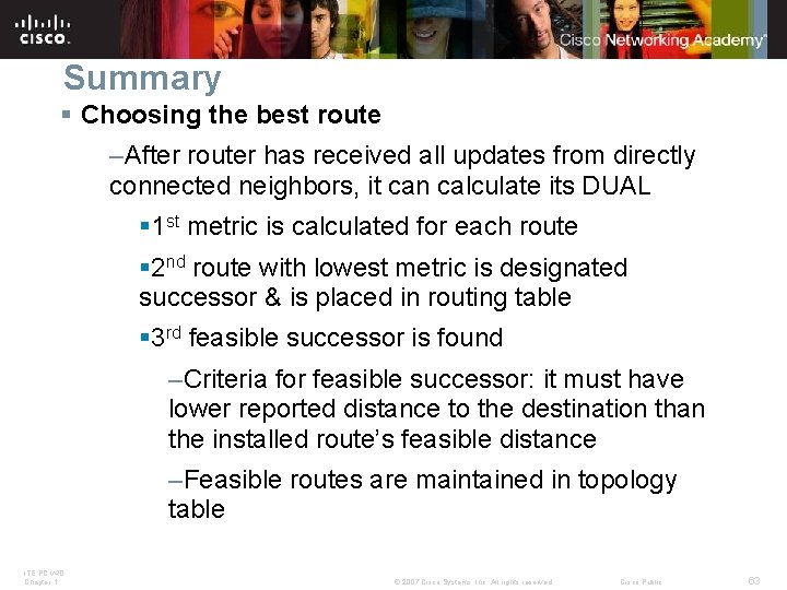 Summary § Choosing the best route –After router has received all updates from directly