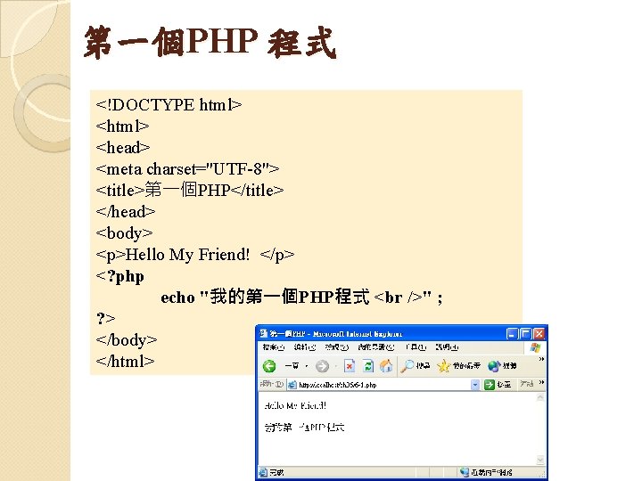 第一個PHP 程式 <!DOCTYPE html> <head> <meta charset="UTF-8"> <title>第一個PHP</title> </head> <body> <p>Hello My Friend! </p>