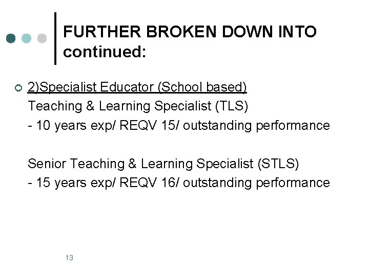 FURTHER BROKEN DOWN INTO continued: ¢ 2)Specialist Educator (School based) Teaching & Learning Specialist