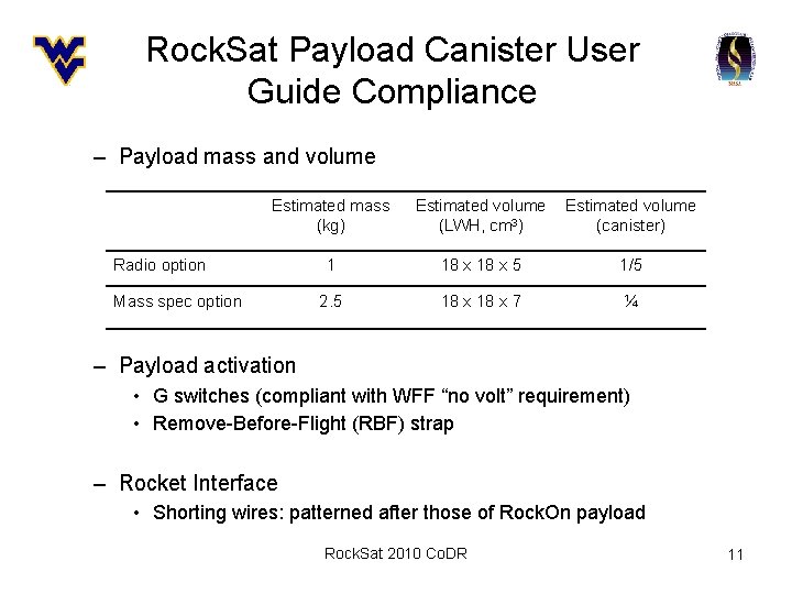 Rock. Sat Payload Canister User Guide Compliance – Payload mass and volume Estimated mass
