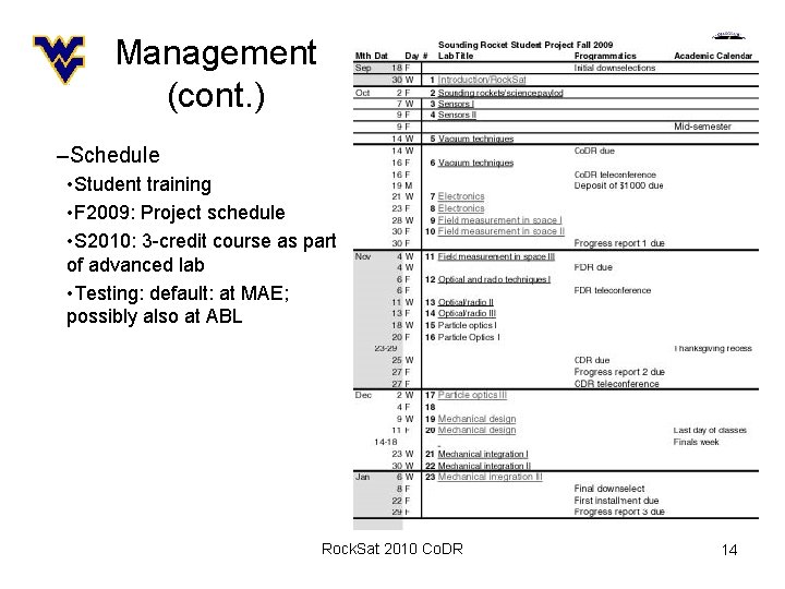Management (cont. ) –Schedule • Student training • F 2009: Project schedule • S