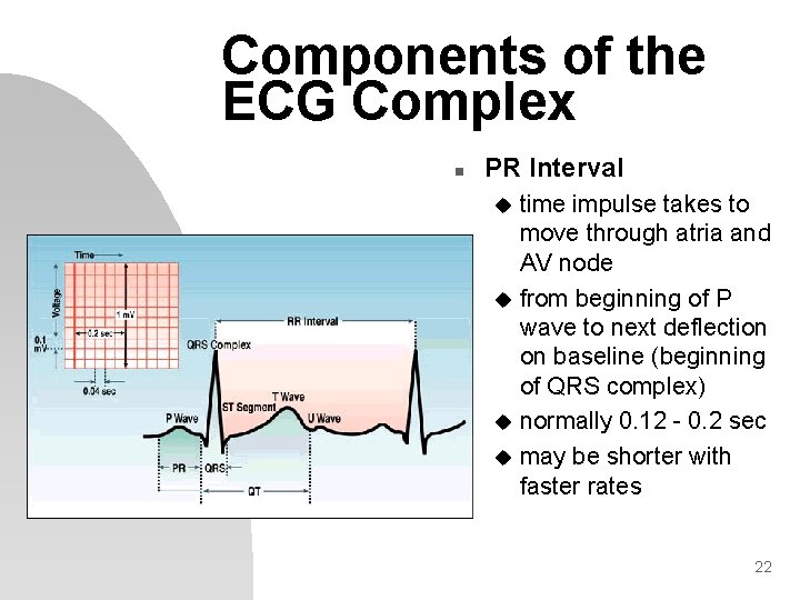 Components of the ECG Complex n PR Interval time impulse takes to move through