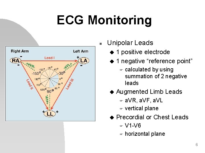ECG Monitoring n Unipolar Leads 1 positive electrode u 1 negative “reference point” u