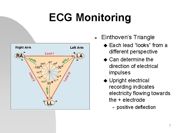 ECG Monitoring n Einthoven’s Triangle Each lead “looks” from a different perspective u Can