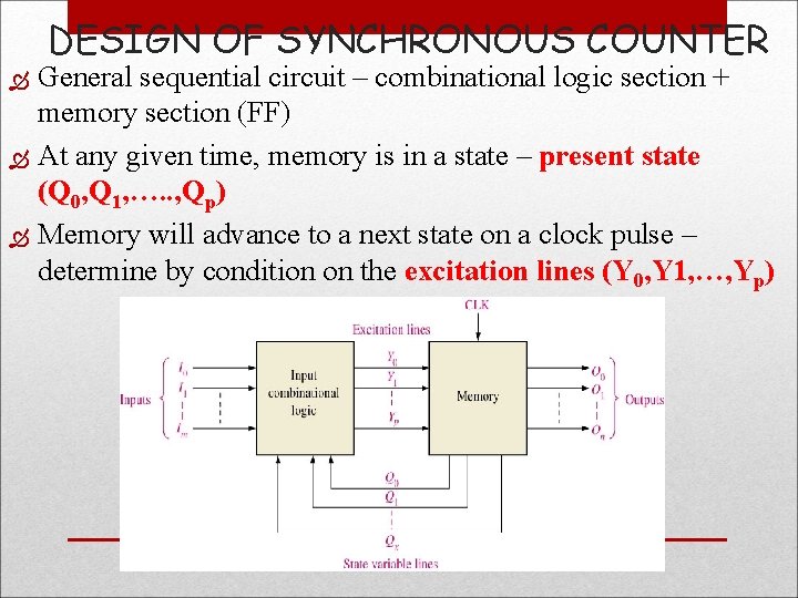 DESIGN OF SYNCHRONOUS COUNTER General sequential circuit – combinational logic section + memory section