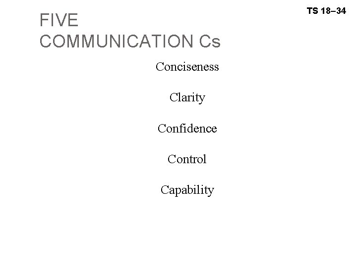 FIVE COMMUNICATION Cs Conciseness Clarity Confidence Control Capability TS 18– 34 