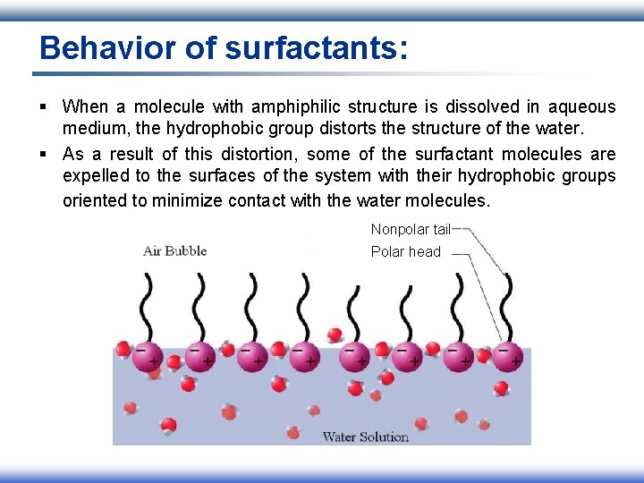 Behavior of surfactants: § When a molecule with amphiphilic structure is dissolved in aqueous