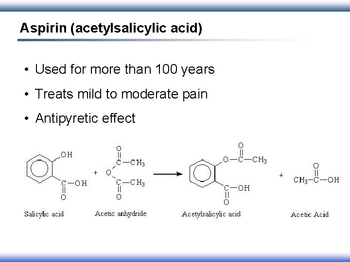 Aspirin (acetylsalicylic acid) • Used for more than 100 years • Treats mild to
