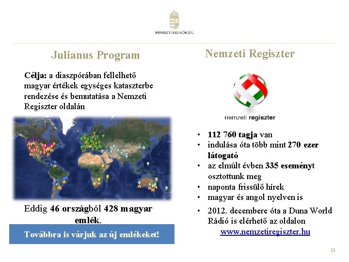 Julianus Program Nemzeti Regiszter Célja: a diaszpórában fellelhető magyar értékek egységes kataszterbe rendezése és