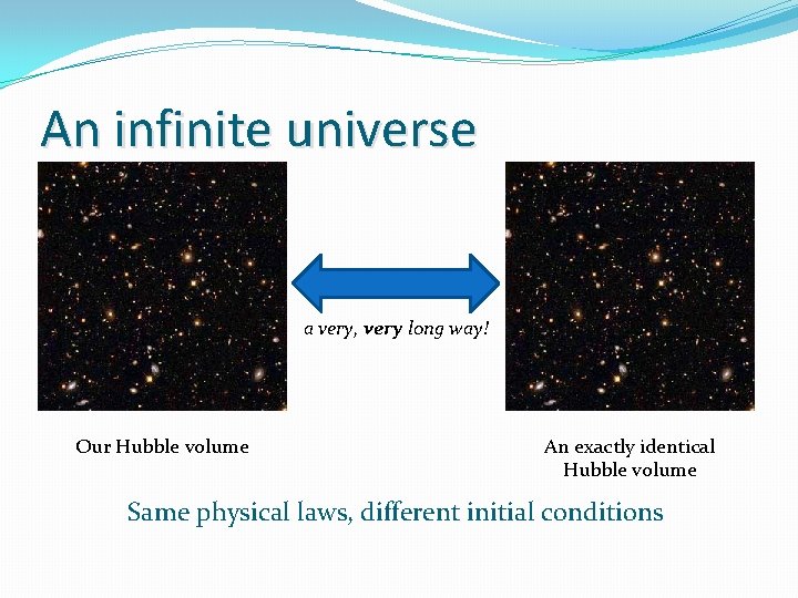 An infinite universe a very, very long way! Our Hubble volume An exactly identical