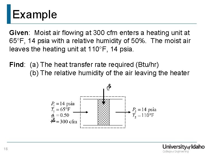 Example Given: Moist air flowing at 300 cfm enters a heating unit at 65°F,