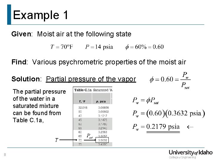 Example 1 Given: Moist air at the following state Find: Various psychrometric properties of