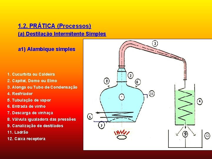 1. 2. PRÁTICA (Processos) (a) Destilação Intermitente Simples a 1) Alambique simples 1. Cucurbita