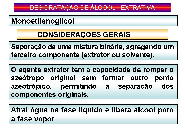 DESIDRATAÇÃO DE ÁLCOOL - EXTRATIVA Monoetilenoglicol CONSIDERAÇÕES GERAIS Separação de uma mistura binária, agregando