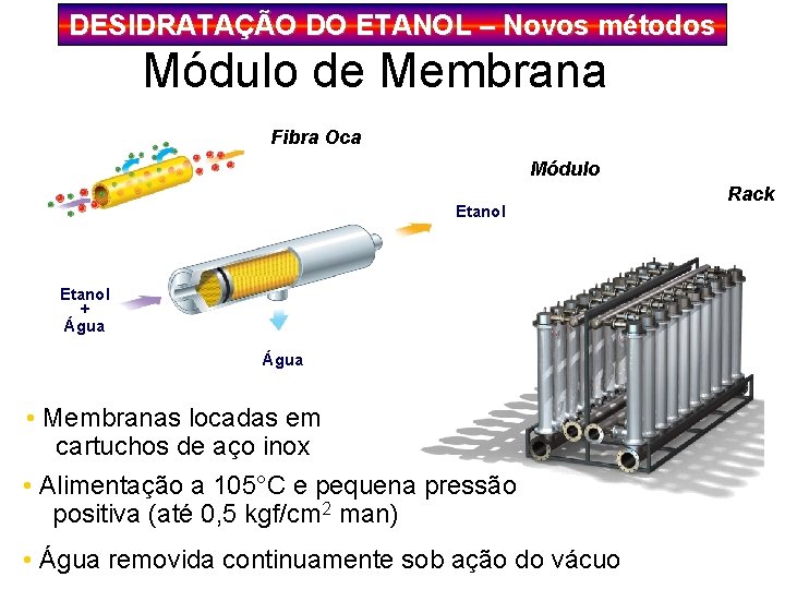 DESIDRATAÇÃO DO ETANOL – Novos métodos Módulo de Membrana Fibra Oca Módulo Etanol +