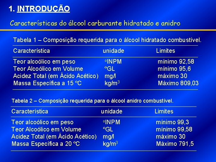 1. INTRODUÇÃO Características do álcool carburante hidratado e anidro Tabela 1 – Composição requerida