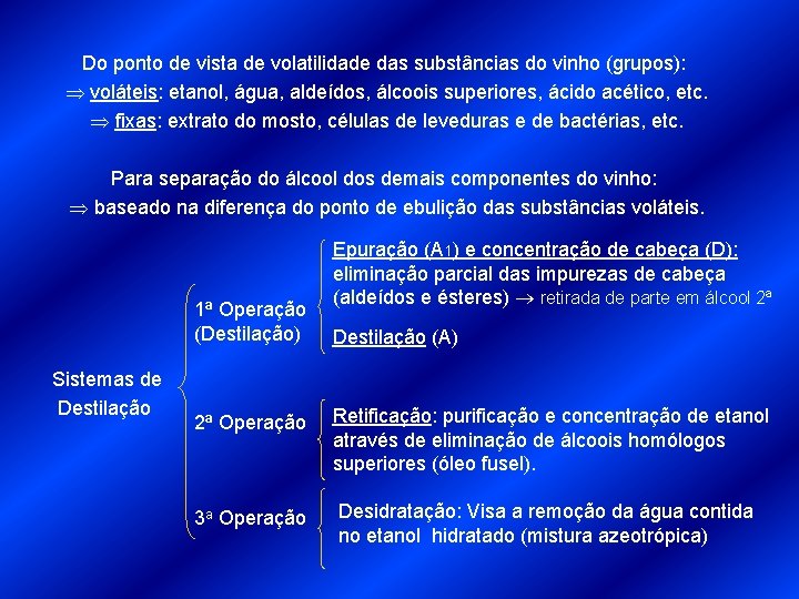 Do ponto de vista de volatilidade das substâncias do vinho (grupos): voláteis: etanol, água,