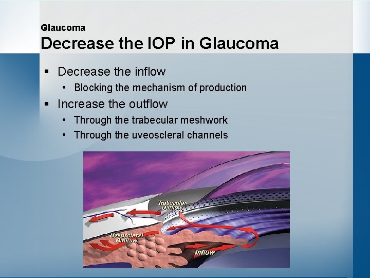 Glaucoma Decrease the IOP in Glaucoma § Decrease the inflow • Blocking the mechanism