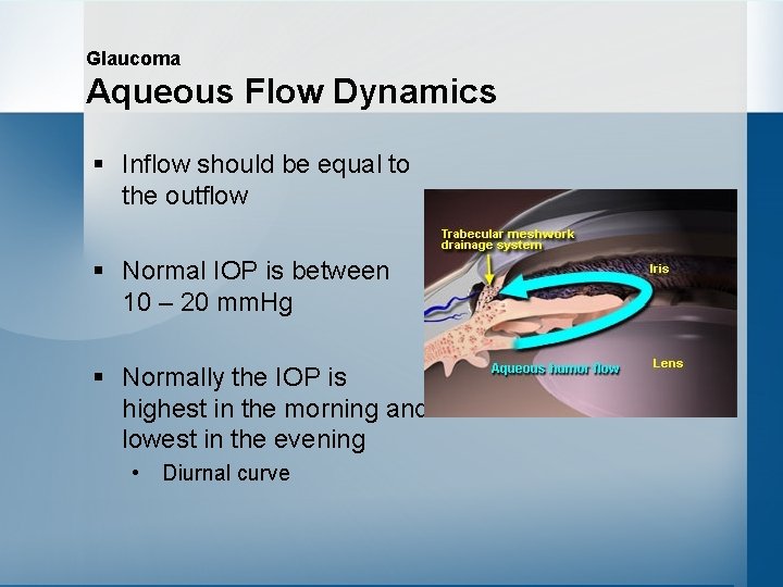 Glaucoma Aqueous Flow Dynamics § Inflow should be equal to the outflow § Normal