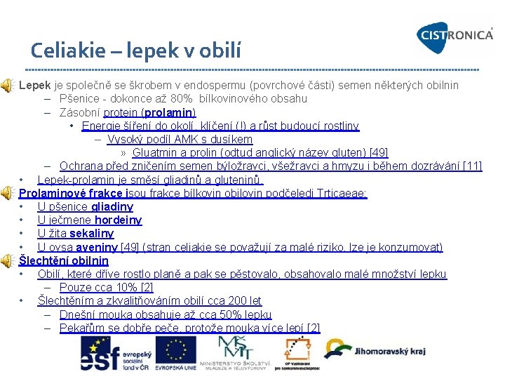 Celiakie – lepek v obilí Lepek je společně se škrobem v endospermu (povrchové části)