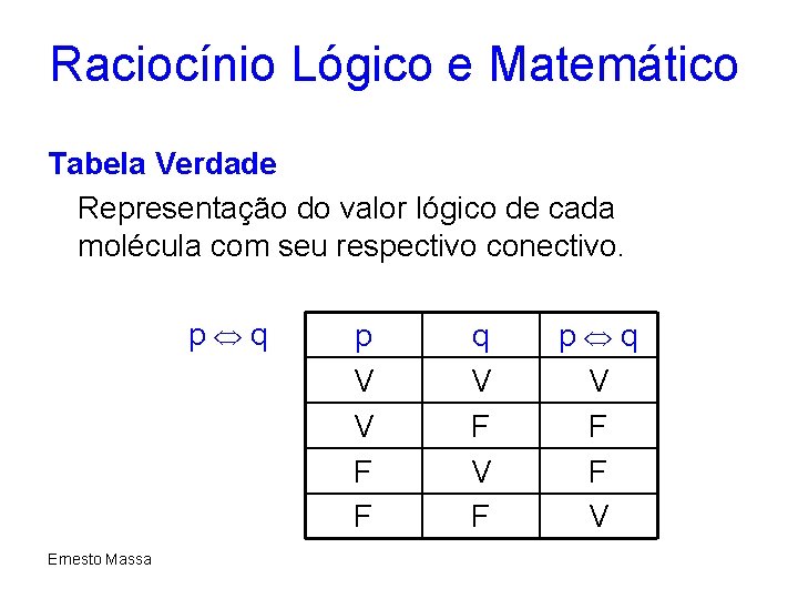 Raciocínio Lógico e Matemático Tabela Verdade Representação do valor lógico de cada molécula com