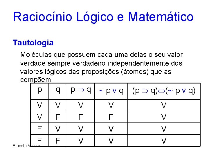 Raciocínio Lógico e Matemático Tautologia Moléculas que possuem cada uma delas o seu valor