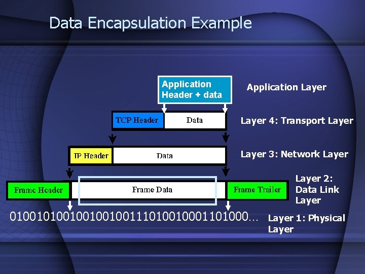 Data Encapsulation Example Application Header + data Application Layer 4: Transport Layer 3: Network