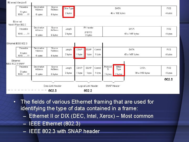  • The fields of various Ethernet framing that are used for identifying the