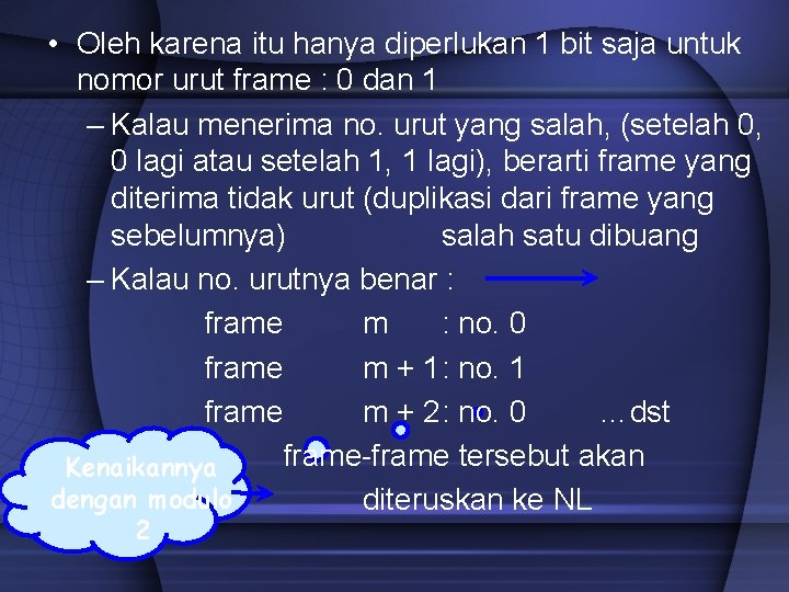  • Oleh karena itu hanya diperlukan 1 bit saja untuk nomor urut frame