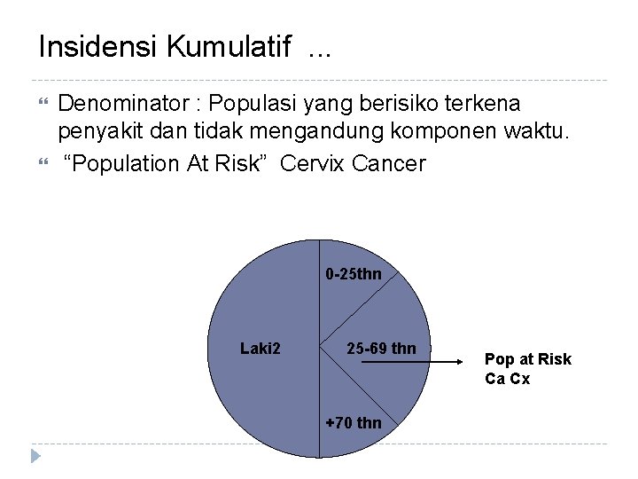 Insidensi Kumulatif. . . Denominator : Populasi yang berisiko terkena penyakit dan tidak mengandung