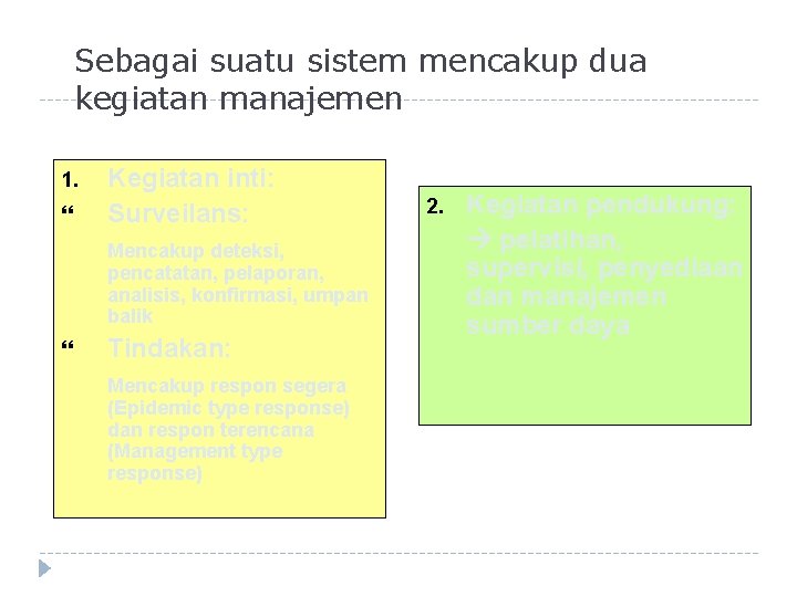 Sebagai suatu sistem mencakup dua kegiatan manajemen 1. Kegiatan inti: Surveilans: Mencakup deteksi, pencatatan,