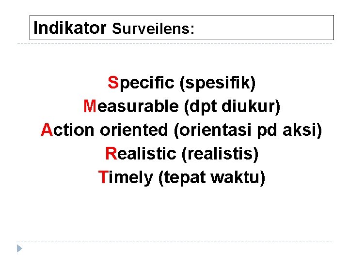 Indikator Surveilens: Specific (spesifik) Measurable (dpt diukur) Action oriented (orientasi pd aksi) Realistic (realistis)
