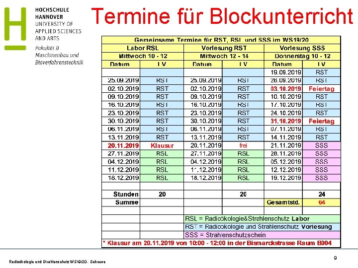 Termine für Blockunterricht Radioökologie und Strahlenschutz WS 19/20 - Schrewe 9 