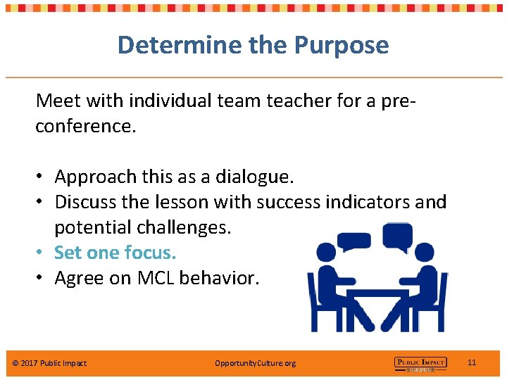 Determine the Purpose Meet with individual team teacher for a preconference. • Approach this