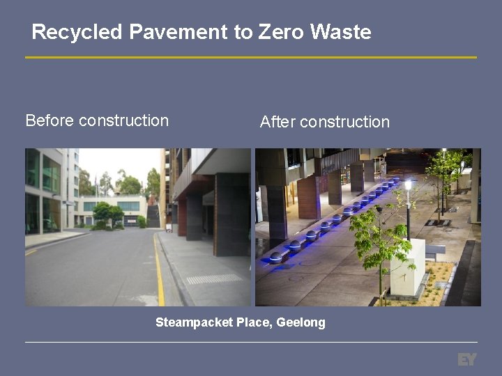 Recycled Pavement to Zero Waste Before construction After construction Steampacket Place, Geelong 