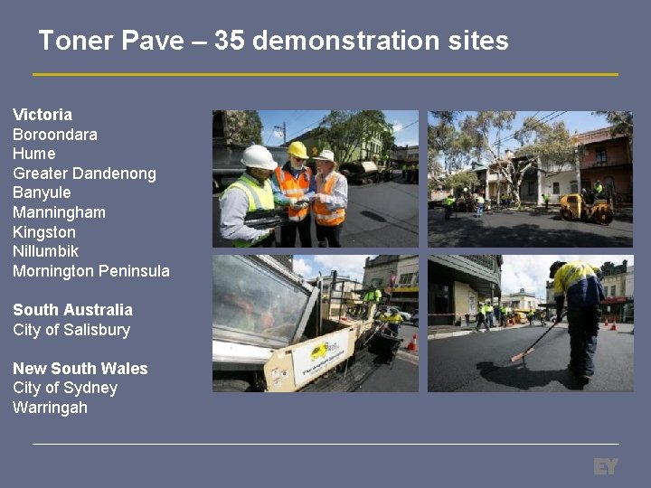 Toner Pave – 35 demonstration sites Victoria Boroondara Hume Greater Dandenong Banyule Manningham Kingston