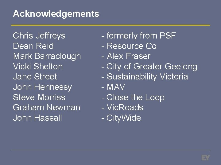 Acknowledgements Chris Jeffreys Dean Reid Mark Barraclough Vicki Shelton Jane Street John Hennessy Steve