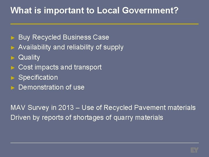 What is important to Local Government? ► ► ► Buy Recycled Business Case Availability