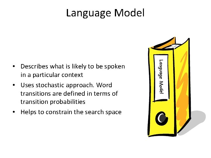 Language Model • Describes what is likely to be spoken in a particular context
