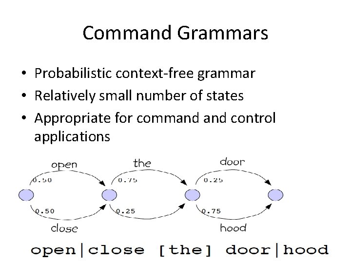 Command Grammars • Probabilistic context-free grammar • Relatively small number of states • Appropriate