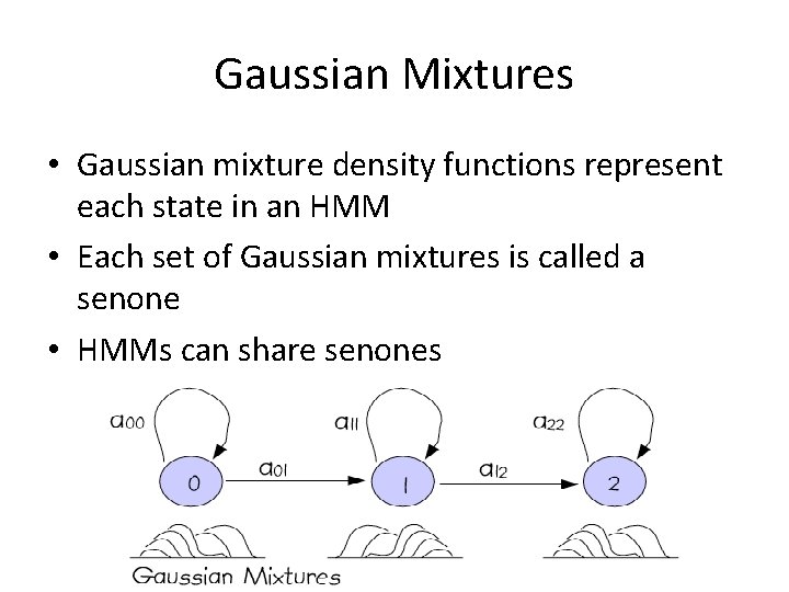 Gaussian Mixtures • Gaussian mixture density functions represent each state in an HMM •