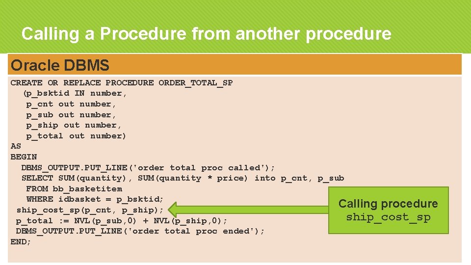 Calling a Procedure from another procedure Oracle DBMS CREATE OR REPLACE PROCEDURE ORDER_TOTAL_SP (p_bsktid