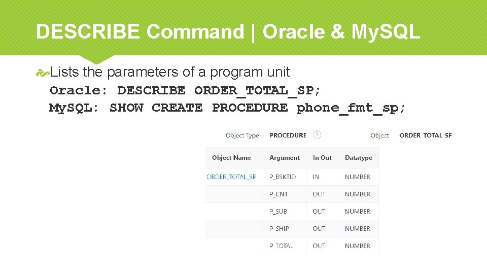 DESCRIBE Command | Oracle & My. SQL Lists the parameters of a program unit