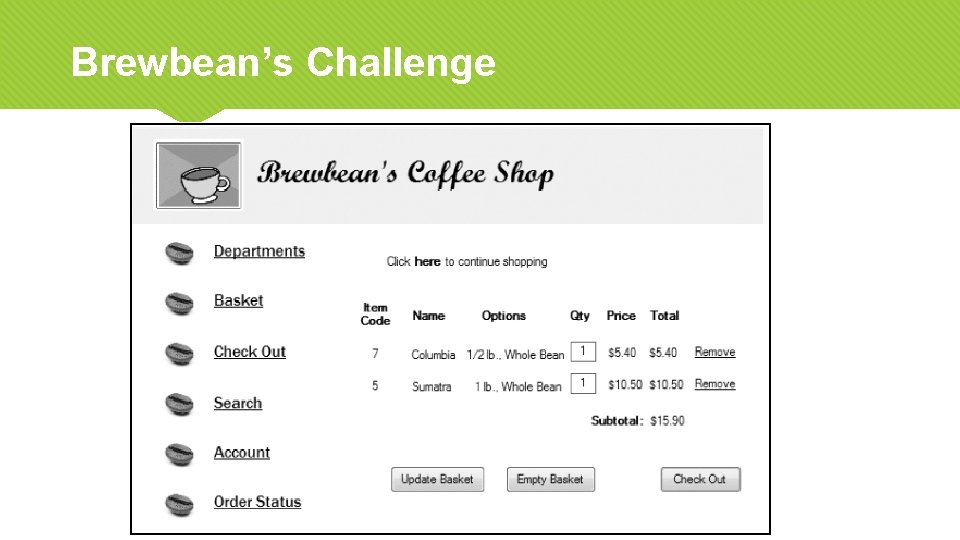 Brewbean’s Challenge • Develop programming modules for specific tasks such as calculating taxes or